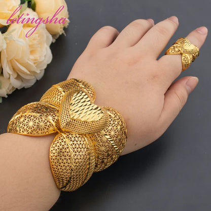 Fashion New Design Large Bracelets African Big Cuff Bangle with Ring Sets Gold Color Jewelry Set for Women Dubai Jewellery Set