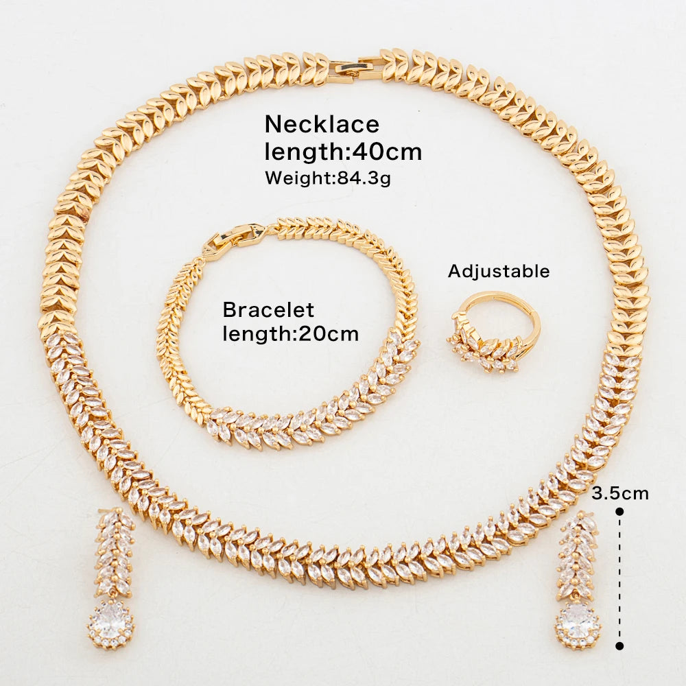 Nigeria 4PCS Bride Zircon Jewelry Set For Women Party Wedding Luxury Dubai 18K Gold Plated Necklace Earrings Bracelet Ring Gift