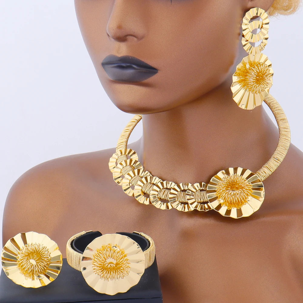 Dubai Gold Plated Big Flower Necklace Earrings Bracelet Ring Jewelry Set for Women Noble Shine Desgin Gift for Party Wedding
