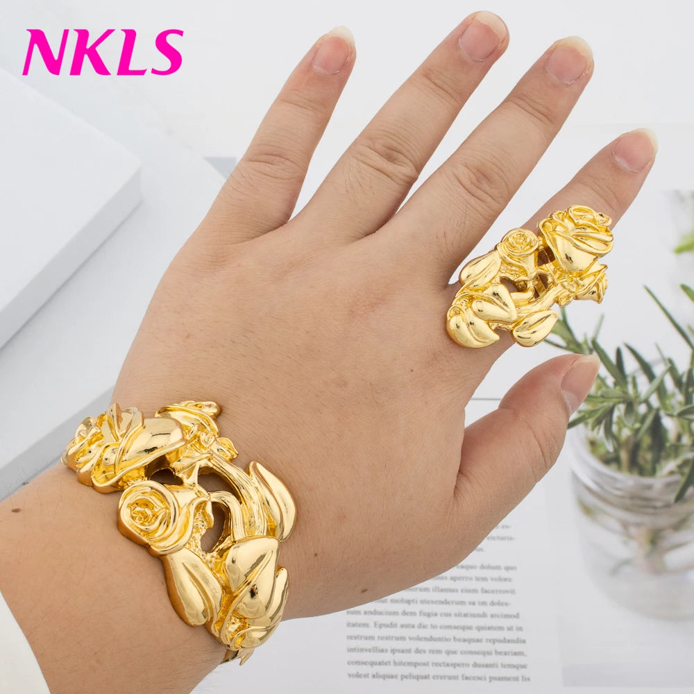 Dubai Women Luxury Bangles Earrings Rings Set High Quality Classic Gold Color Jewelry Sets Fashion Bridal Jewelry Wedding Party