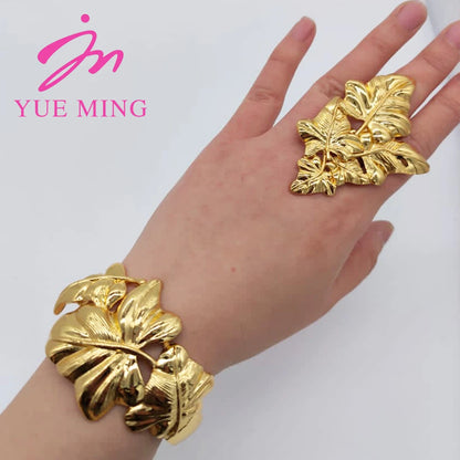 18K Gold Color Cuff Flower Bangle Ring For Women Moroccan France Dubai Luxury Copper Bracelet Jewelry Nigerian Party Wedding Gif - YUEMING JEWELRY