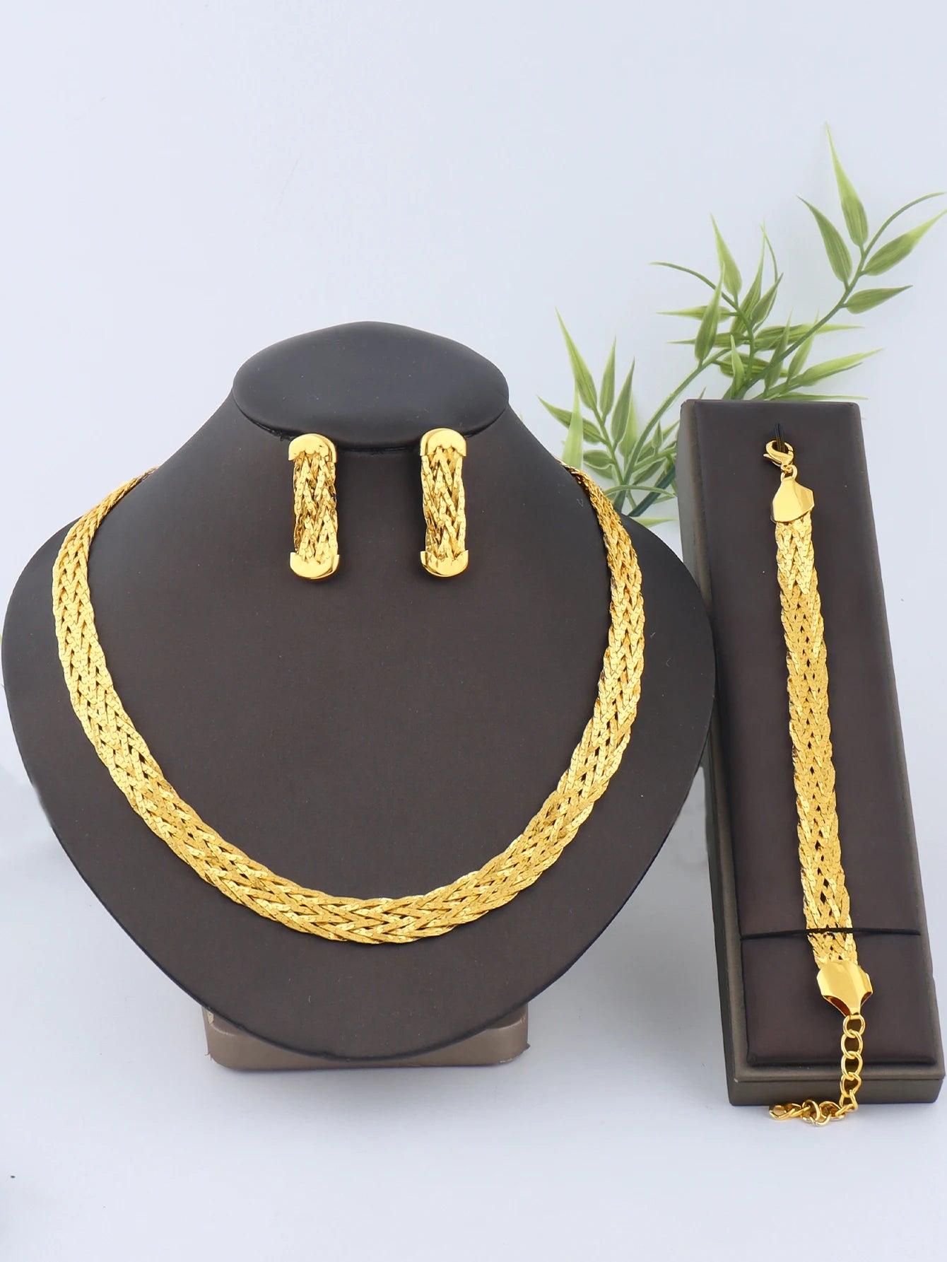 YM 10mm woven hollow chain set: 40cm necklace & bracelet, gold-tone plated, punk-luxury vibe for Dubai Africa women gift