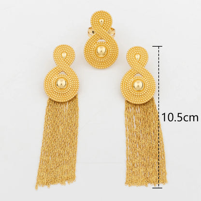 YM 18k Gold Plated Jewelry for Nightclub Queen Fashion Luxury Bridal Wedding Jewellery Accessory Long Tassel Earrings Rings Set