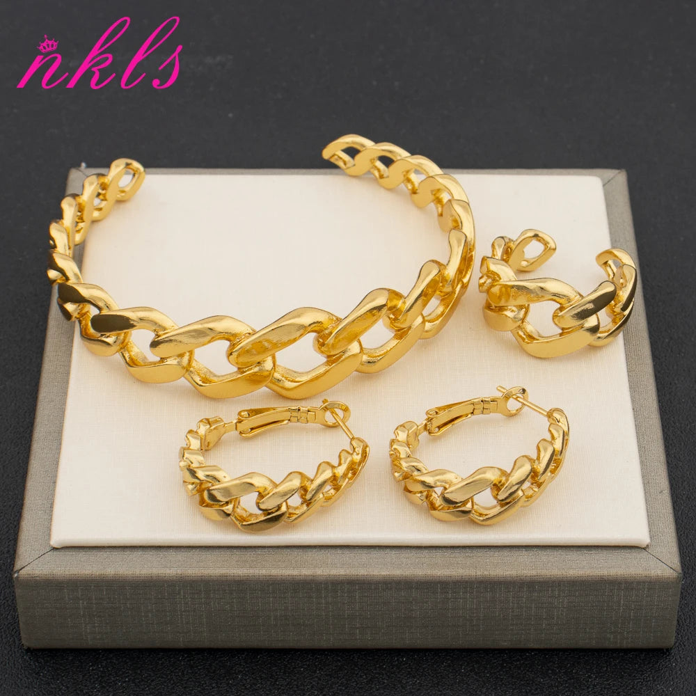Luxury Gold-Plated Set for Bride | Spiral Clip Earrings Necklace Bracelet Ring Engagement Party Gift Women