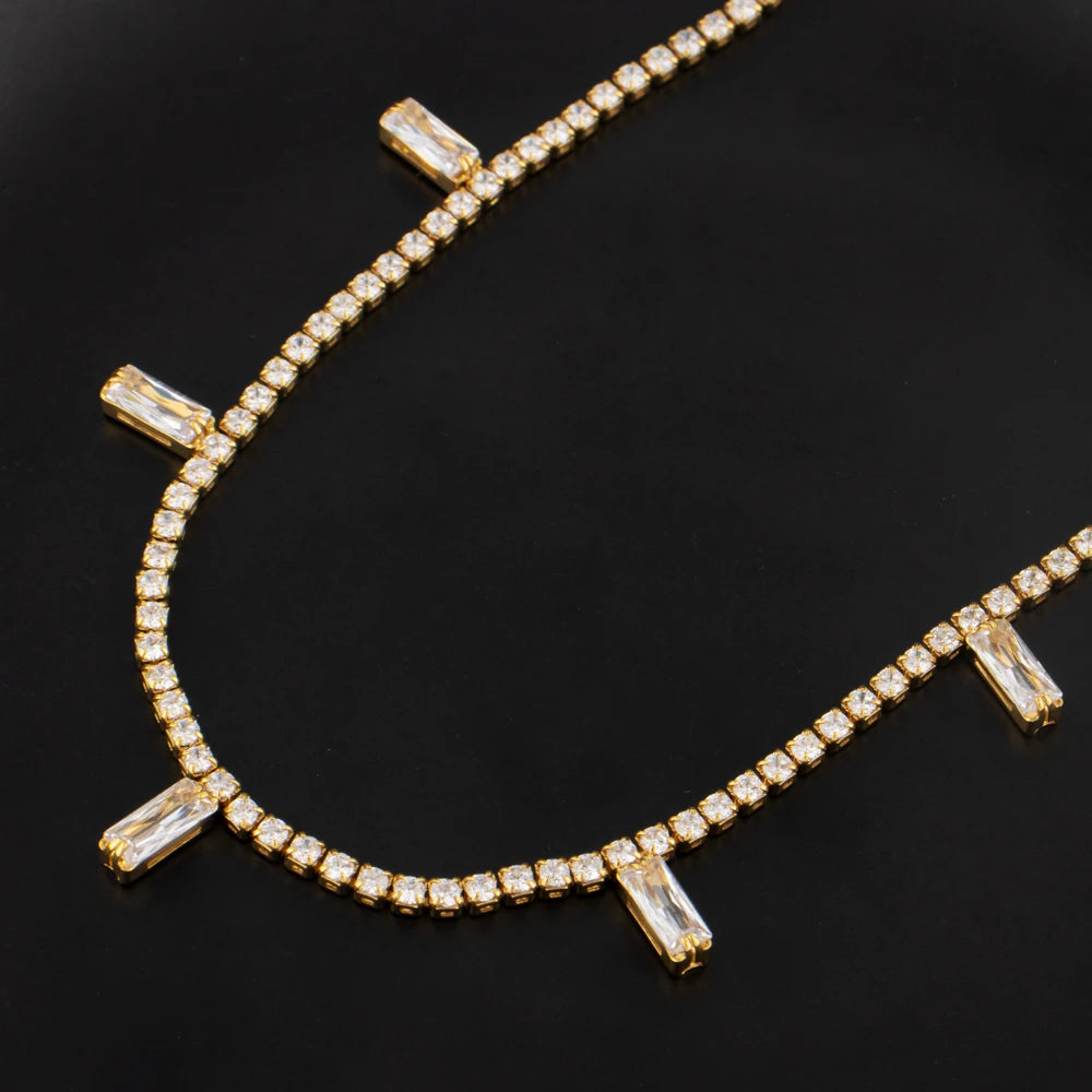 18K Gold France/Italy Stainless Steel CZ Necklace, Hypoallergenic Clavicle Chain Gift for Graduate Women, Colorful Jewelry Set