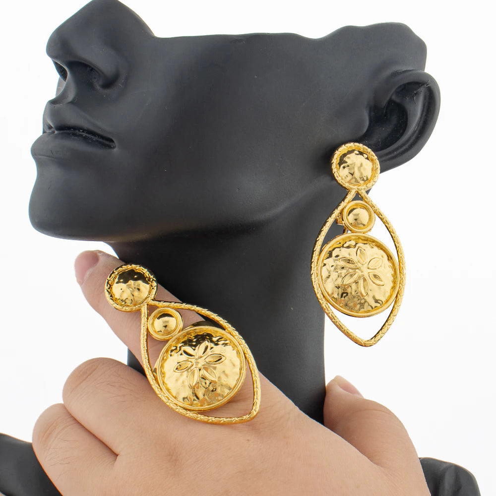 Fashion Women Jewelry Set for Party Clip Earrings and Finger Ring 2Pcs Set African Gold Color Earrings Ring Set for Weddings