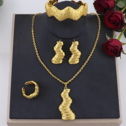 Dubai Trendy Gold Plated Woman Jewelry Sets Hight Quality Necklace Earrings Stainless Steel Bangle Ring Sets Bridal Accessories