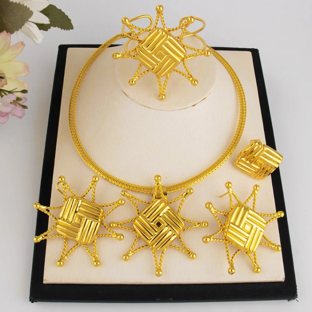 Plated Ethnic Jewelry Set for Women—Necklace, Earring Set & Bracelet—Africa Wedding Party Gift
