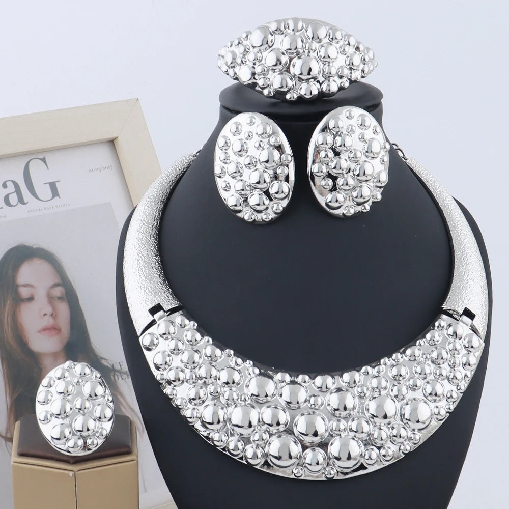 Dubai Gold Silver Plated Jewelry Set Luxury Women Original Necklace Earrings Pearl Bracelet Ring Bridal Wedding Party Gift