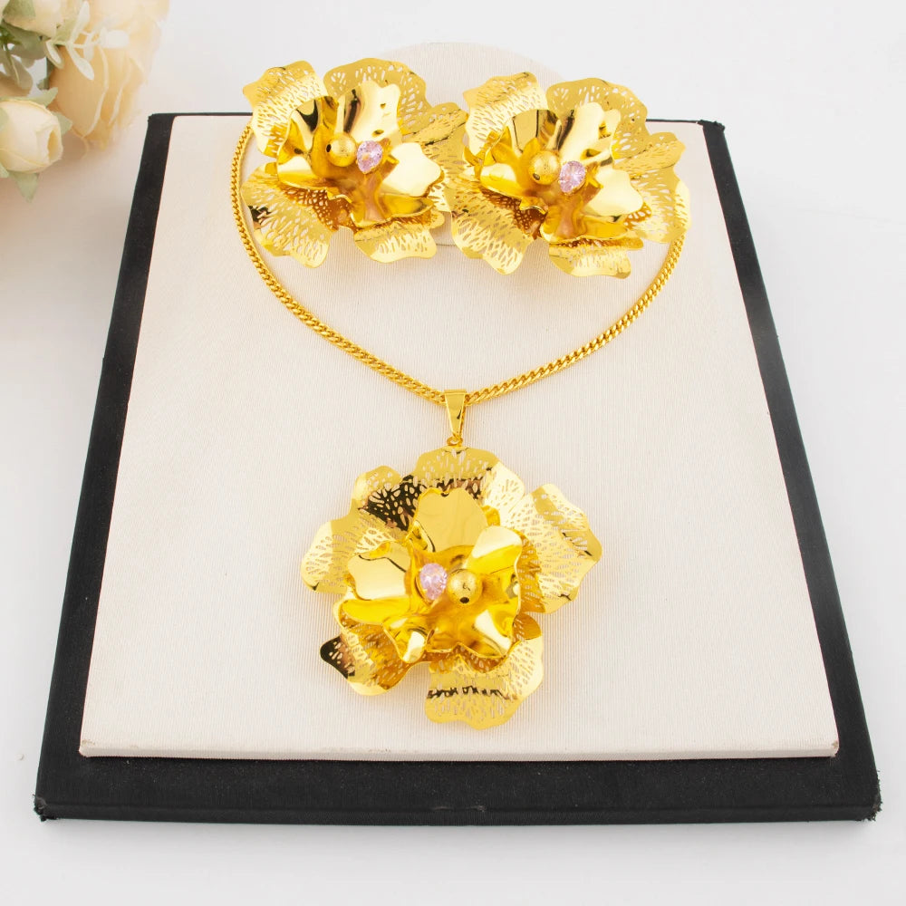Dubai Luxury Flower Shape Women Jewelry Nigeria Wedding Zircon Collection Earrings Gold Color Bridal Necklace Pendant For Party