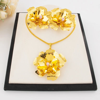 Dubai Luxury Flower Shape Women Jewelry Nigeria Wedding Zircon Collection Earrings Gold Color Bridal Necklace Pendant For Party