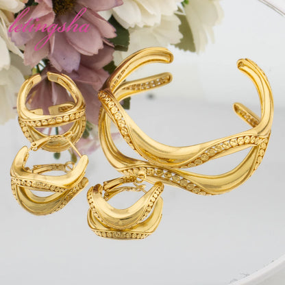 Dubai Gold Color Luxury Jewelry Set Fashion Statement Cuff Bangle Newest Hoop Earrings Ring Sets for Women Trendy Jewelry Gift