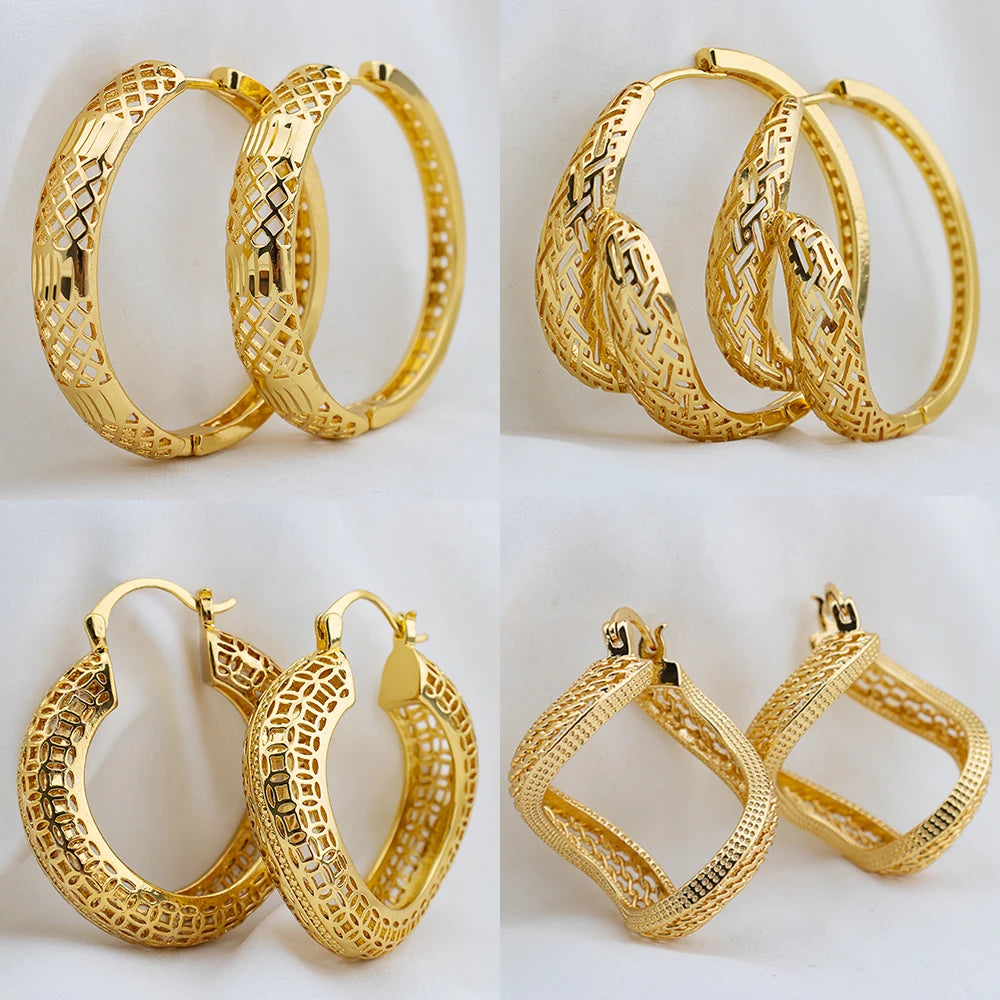 4set Gold Color Hoop Earrings for Women Exquisite Fashion Round Hollow-out Wedding Copper Earrings Engagement Jewelry Accessory