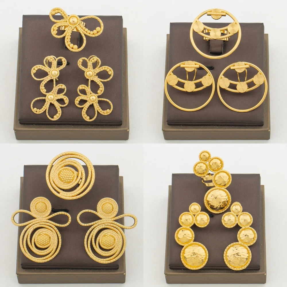 4Set/lot Earrings and Ring Jewelry Set for Party African 18k Gold Color Clip Earrings Finger Ring 2Pcs Set for Engagement Gifts