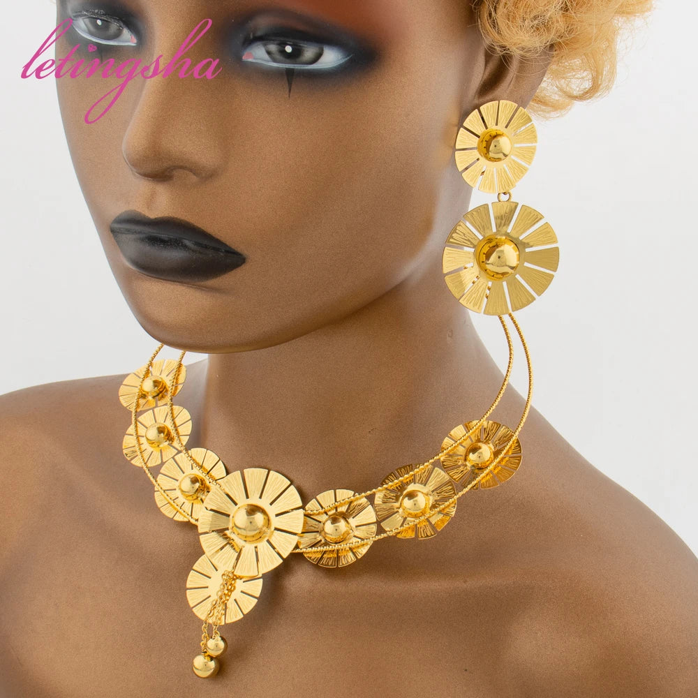 African Classic Big Flower Jewelry Set for Women Luxury Gold Color Necklace Set Dubai Jewelry Earrings Bangle Ring for Party