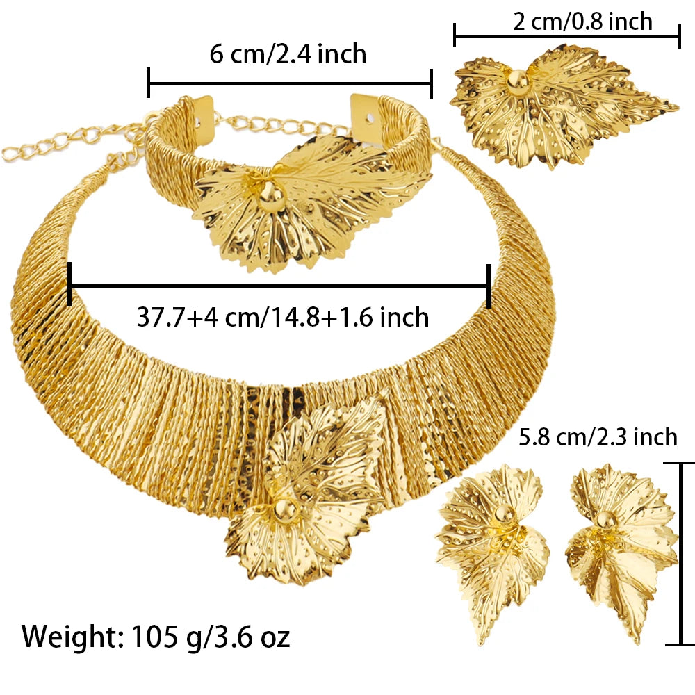 Dubai  Leaf Earrings & Thick Collar Necklace Jewelry Set for Women, Cuban Link Bangle Ring Gift Wedding Accessories