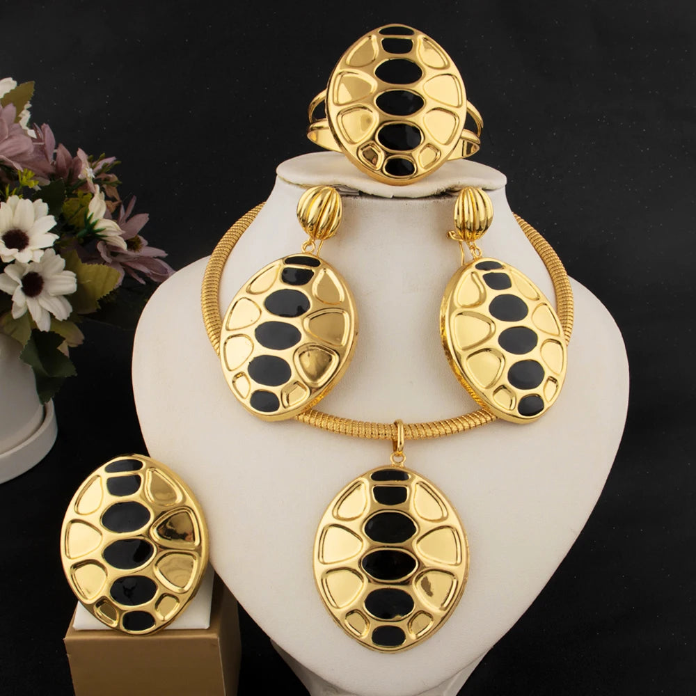 18K Gold-Plated Luxury Jewelry Set for Women – Unique Earrings, Necklace, Bangle & Ring, Dubai-America Style Party Wear, Elegan