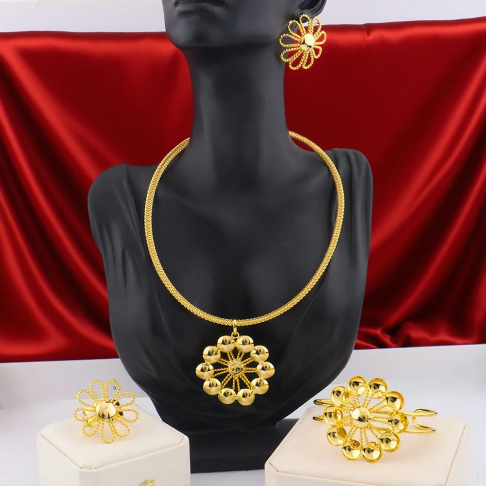 New Trendy Gold Plated Jewelry Set For Dubai Women Gold Color Necklace Earrings Bracelet And Ring Jewelry Set