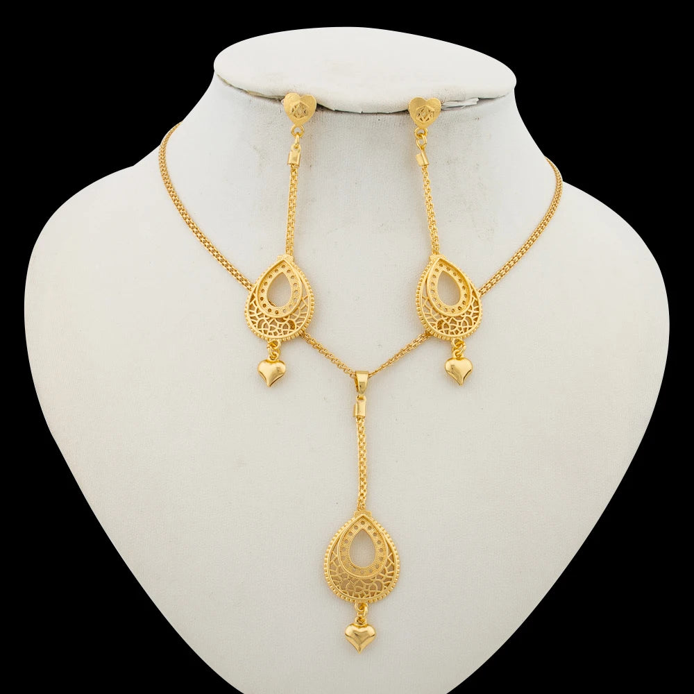 18k Gold Color Jewelry Set for Weddings African Dangle Earrings and Necklace 2Pcs Set for Engagement Party Jewelry Accessories