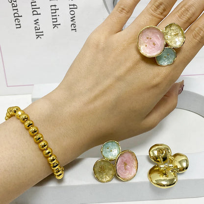 Dopamine Color Jewelry Set For WomenTrendy Earrings Ring Gold Color Bangle Set Advanced Jewelry For Party Wedding Anniversary