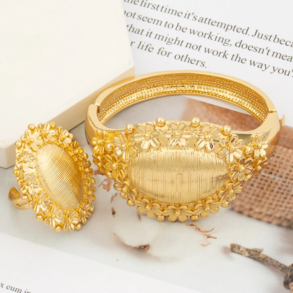 Brazilian Gold Plated Bangle with Ring Jewelry for Ladies Exquisite Flower Design Hand Bracelet Finger Ring 2Pcs Set for Party