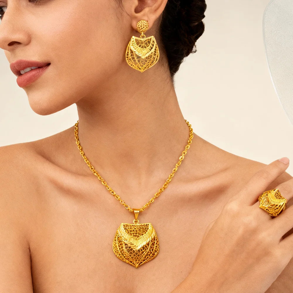 ethiopian jewelry set gold Special design Necklace and earrings Rings set for women high quality plated jewelry sets gifts