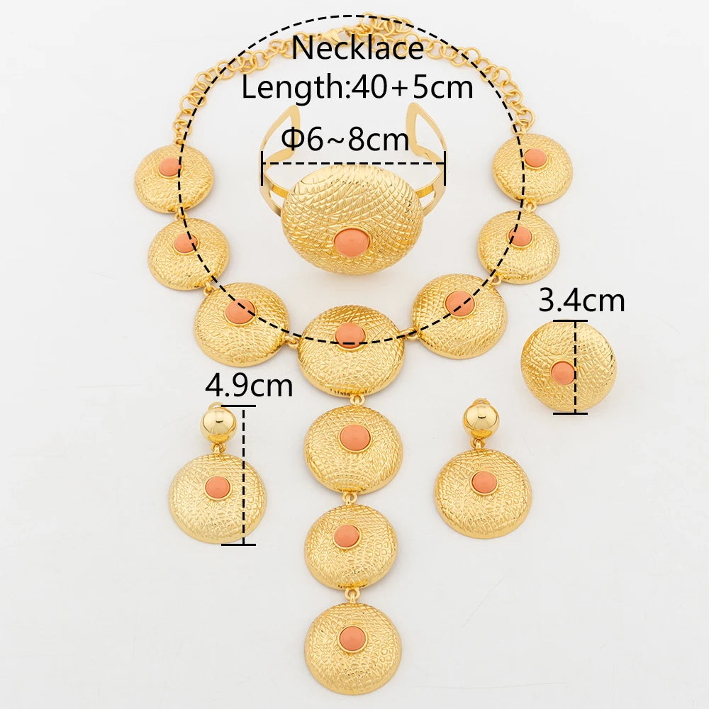 4pcs Jewelry Sets for Women Gold Plate Necklace Big Round Pendant Luxury Earrings Charm Bracelet Ring Wedding Banquet Jewellery