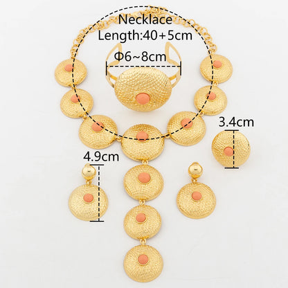 4pcs Jewelry Sets for Women Gold Plate Necklace Big Round Pendant Luxury Earrings Charm Bracelet Ring Wedding Banquet Jewellery