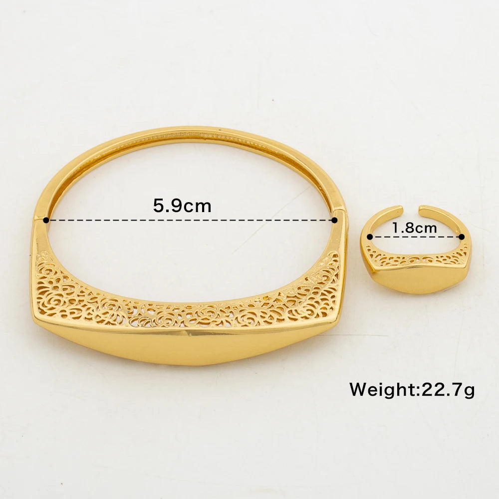 18K Gold Color Bangle with Ring Set for Party African Hollow Out Design Hand Bracelet and Finger Ring 2Pcs Set for Weddings Gift