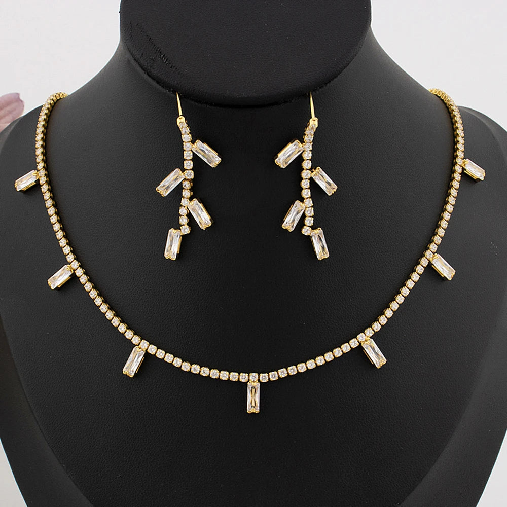 Woman Gold Color Earrings Necklace Italy Bohemia Style Jewelry Set France Elegant Square Zircon Jewelry Set For Party Dating