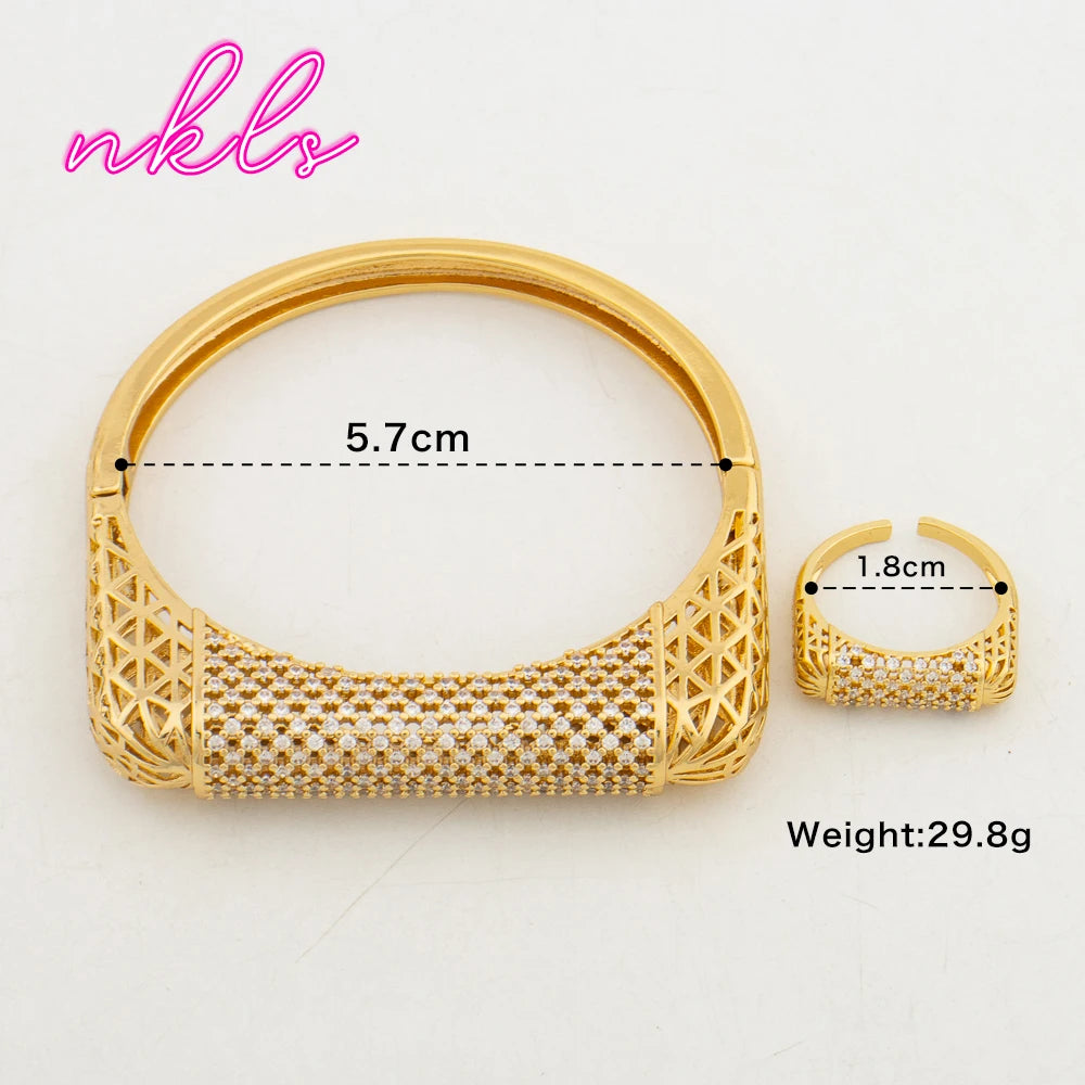 Arab Luxury Cuff Bangle & Ring Set for Women, Classic Daily to Party Gift, Elegant Jewelry Women Set