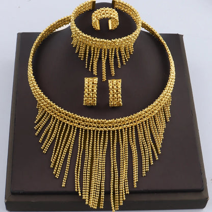 Luxury 24K Gold Plated Jeweler Necklace Bracelet Ring Earrings Set for Women Bride Charms Jewelry Set Gift for Party Wedding