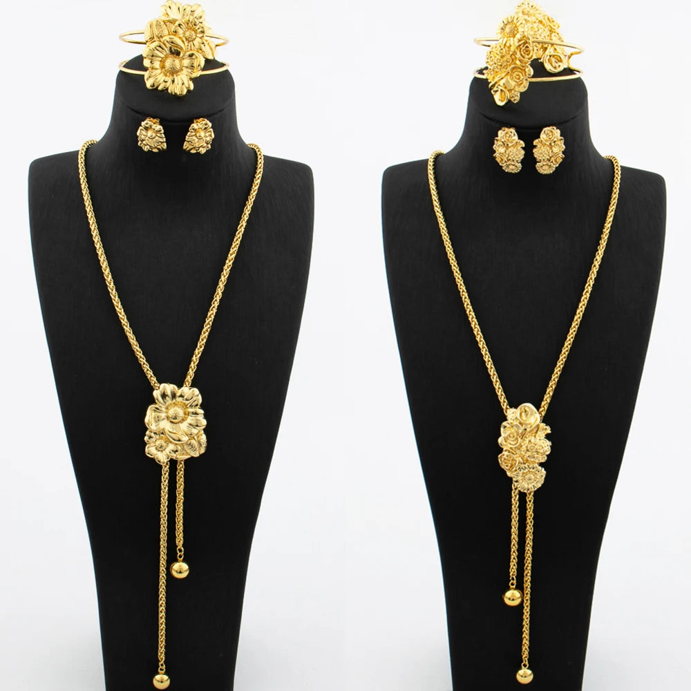 Gold Plated Jewelry Set for Women Adjustable Necklace Flower Shape Copper Earring Bracelet Rings Dubai African Wedding Jewellery