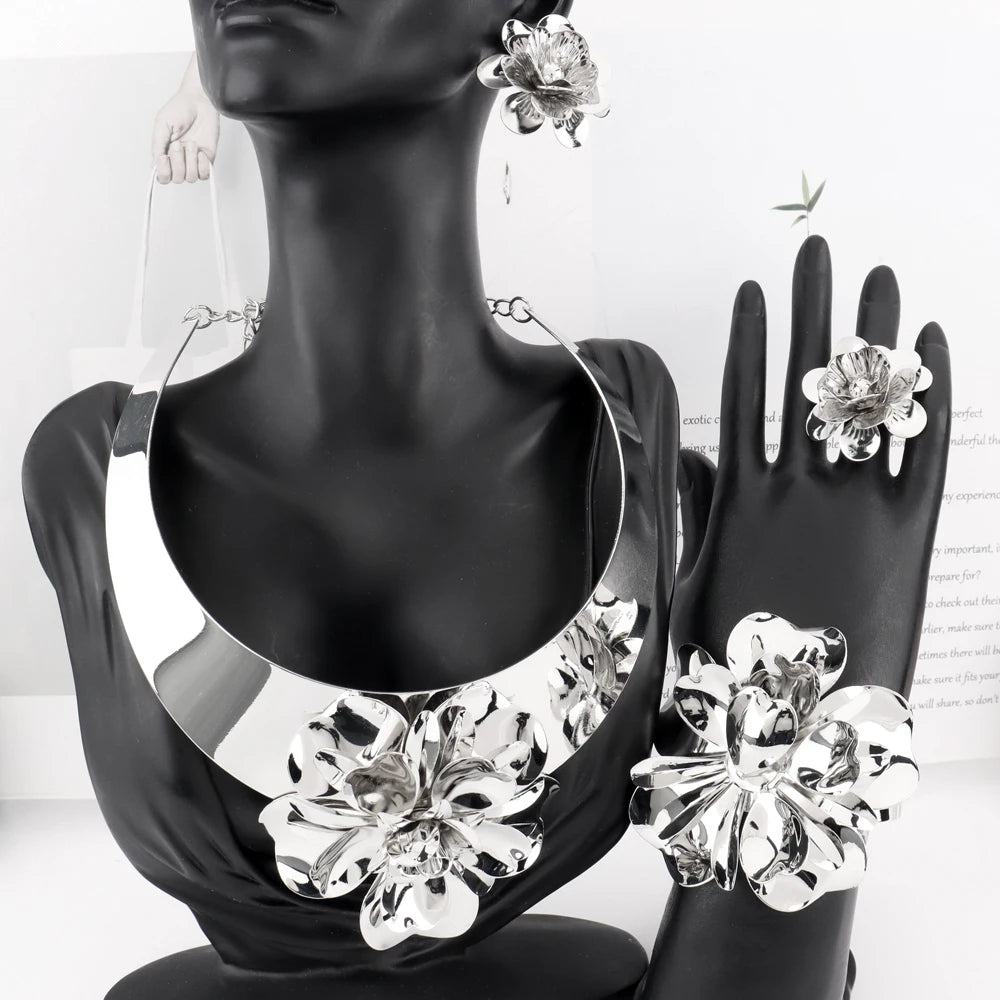 Dubai 18K Gold Plated Italian Statement Necklace Earrings Ring Bracelet Jewelry Set for Women Banquet Festive Gift
