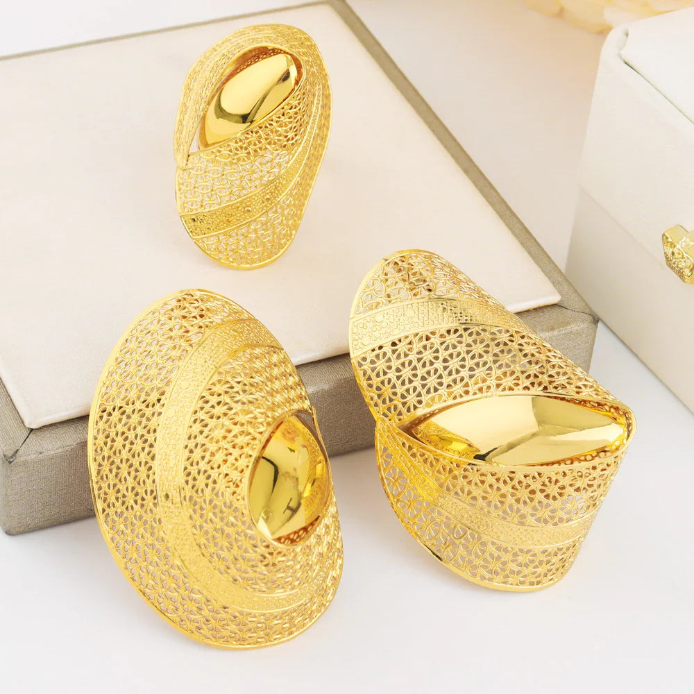 2025 New Trend Gold Color Ring and Earrings For Women Europe and America Exaggerated Hollow Out Jewelry Set For Party Wedding