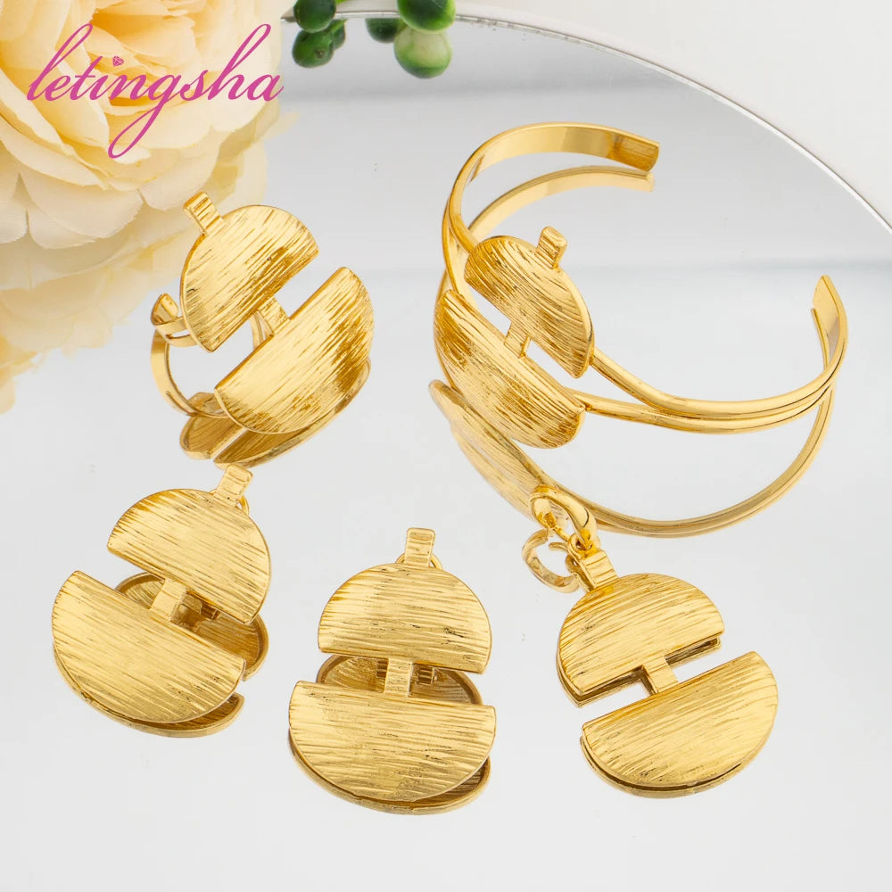 Dubai Gold Color Pendant Earrings Bangle Rings Fashion Elegant Jewelry Sets for Women Luxury Women's Jewellery Italy Fashion Set