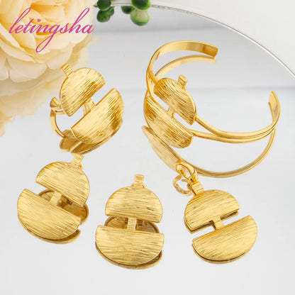 Italy Gold Color Fashion Geometry Pendant Earrings Bangle Rings Set African Dubai Fashion Jewelry Set Women Jewellery for Party