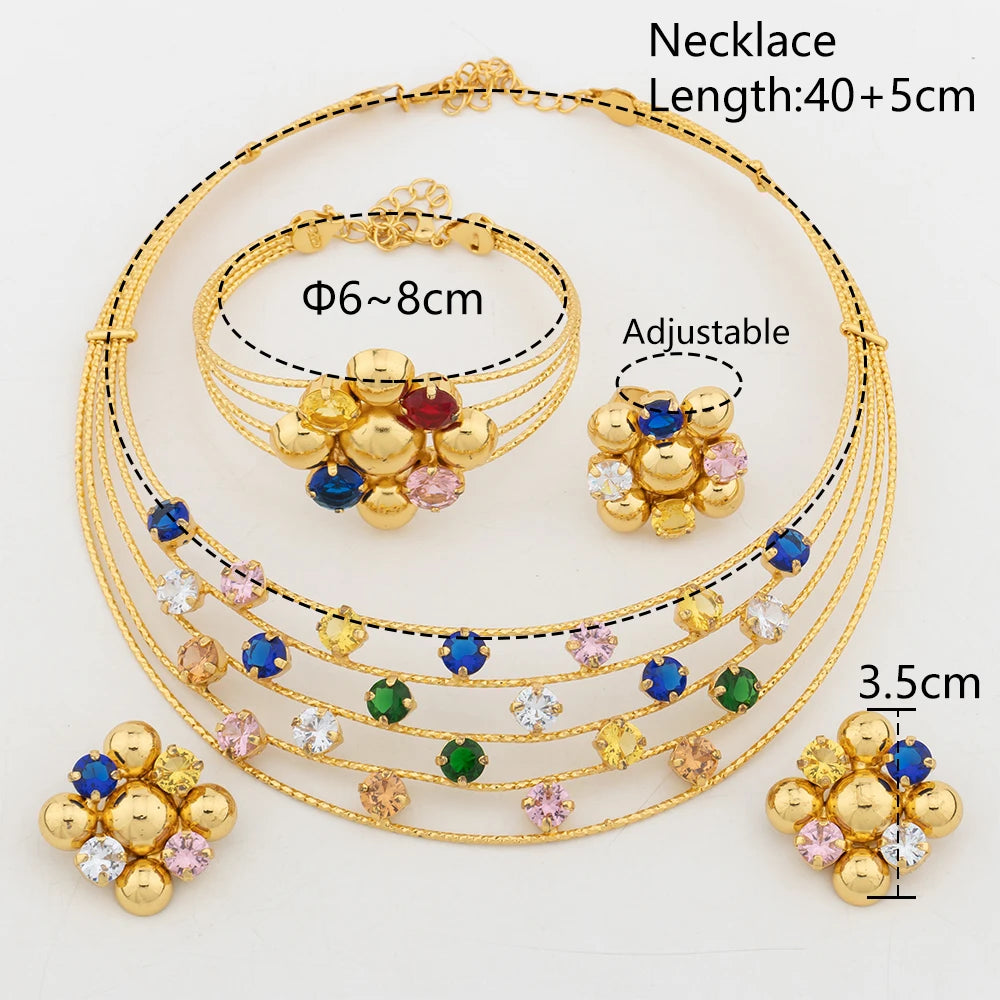 Gold Plated Jewelry Women's Brazilian Dubai Italian Necklace Earrings Wedding Party Banquet Colored Zircon Pendant Bangles Ring - YUEMING JEWELRY