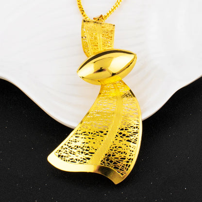 18K Gold Tone Water-Drop Ribbon Necklace & Earrings Set, Dubai Arab Luxury Waterproof Jewelry for Women, Party Wedding Jewellery