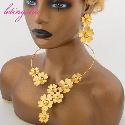 Luxury Gold Color Jewelry Set for Women African Classic Big Flower Necklace Earrings Bangle Ring Set Dubai Jewelry Daily Party