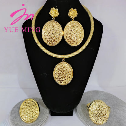 Women Dubai Gold Jewelry Set Sumptuous Wedding Necklace Pendant Premium Gold Plated Bracelet Ring Exquisite Piercing Earrings