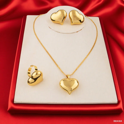 Gold-Tone Stainless Steel Minimalist Heart Jewelry Set for Women Chic Daily Wear Earrings Necklace Ring Combo Gift