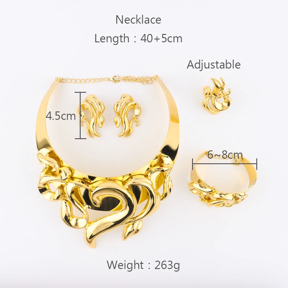 Elegant Wedding Jewelry Set for Women Gold Plated Necklace Copper Color Earrings Bracelet Ring African Bridal Party Gift Jewelle