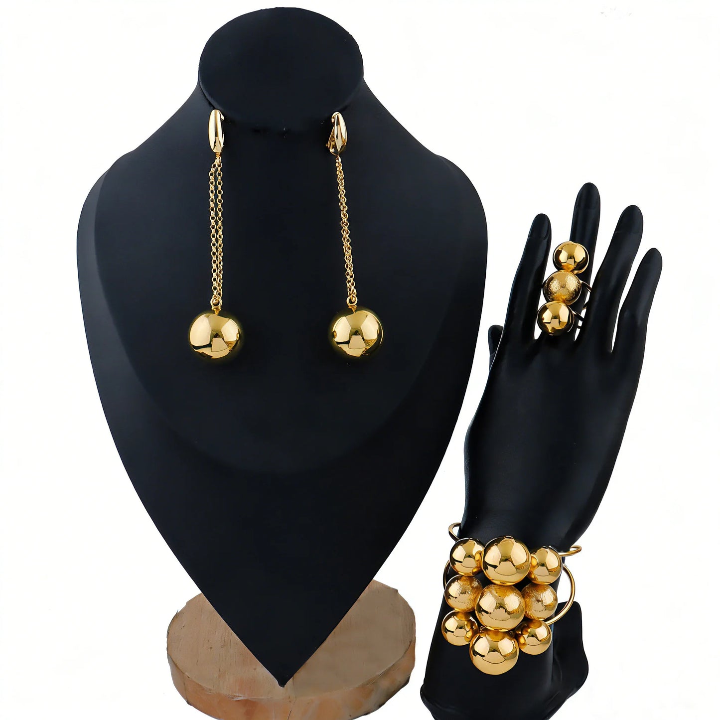 Dubai Earrings Bracelet and Ring Jewelry Set Ball Design African Weddings Cuff Bracelet Ring Earrings 3PCS