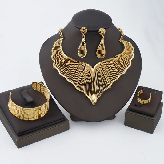 Hot Selling Italian 24k Gold Plated Jewelry Set Women's Wedding Party Banquet Big Pendant Earrings Bracelet Ring Sets Gifts