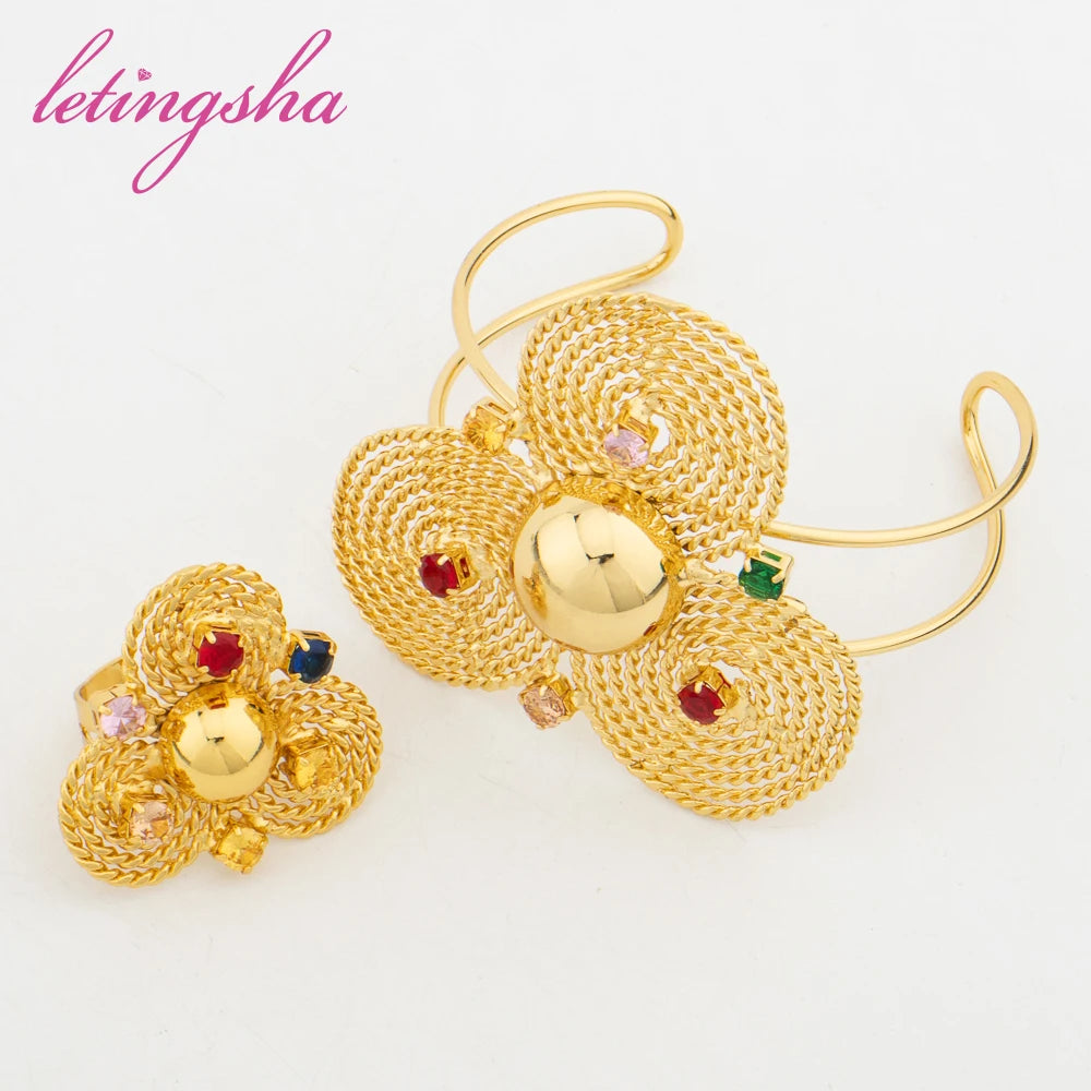 Luxury Colorful Zircon Inlay Jewelry Set for Women African Gold Color Pendant Clip Earrings Cuff Bangle Ring Set Weddings Party