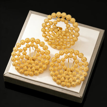 women italian luxurious earrings ring jewelry set bridal party jewelry set Elegant Gold-Tone Hollow Hoop Earrings Ring Set gift