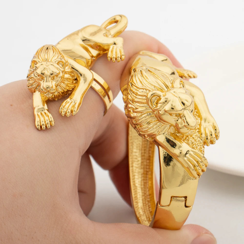 Exaggerate Leopard Bangle with Ring Jewelry Set for Women Dubai Gold Color Cuff Bangle Twisted Jewelry 2Pcs Set for Gifts