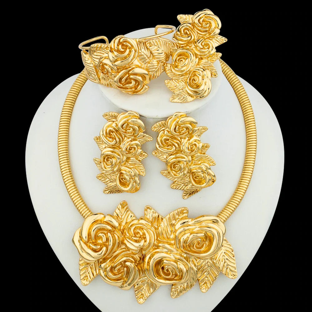 Dubai Gold Plated Jewelry Set Exaggerate Rose Pendant and Earrings Large Necklace Weddings Bridal Jewelry Set Gifts for Women