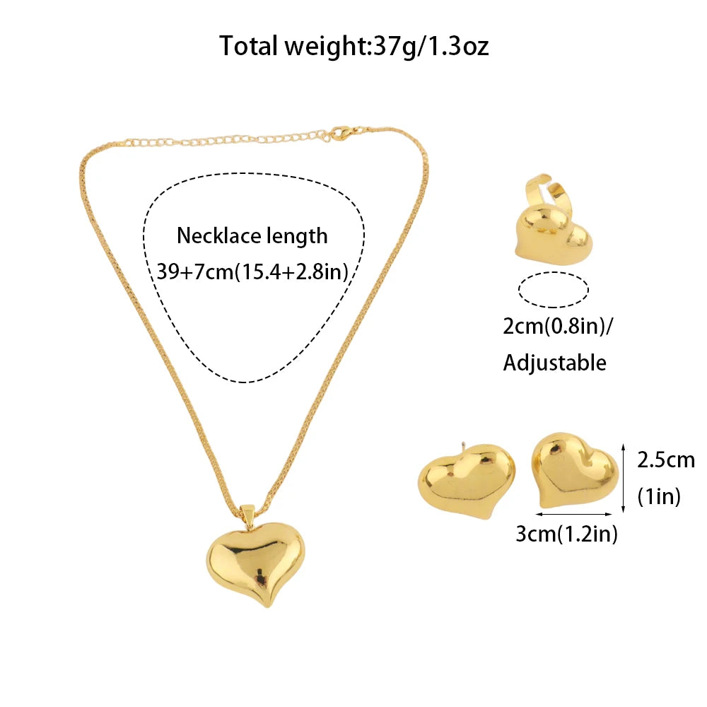 Gold-Tone Stainless Steel Minimalist Heart Jewelry Set for Women Chic Daily Wear Earrings Necklace Ring Combo Gift